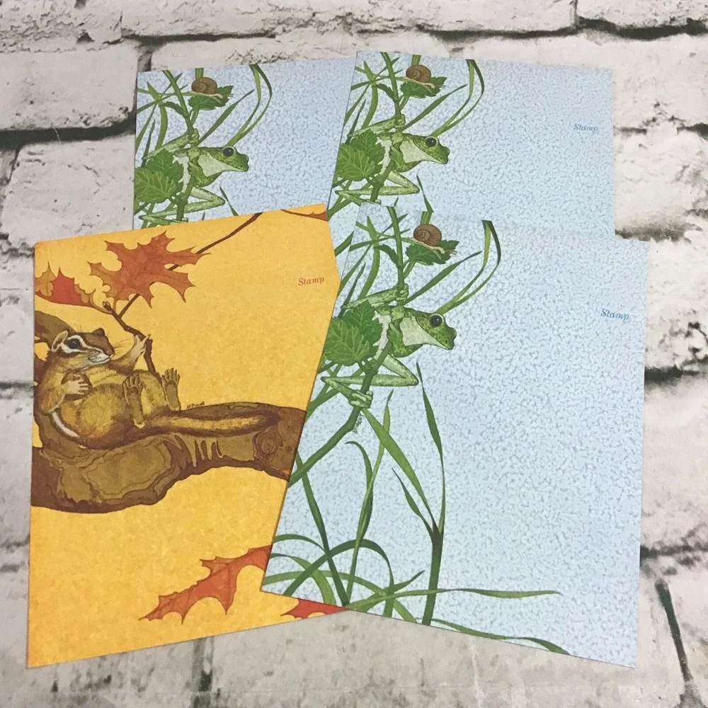 Vintage Fold And Send Notecards Lot Of 4 in 2 Styles Chipmunk Tree Frog Nature